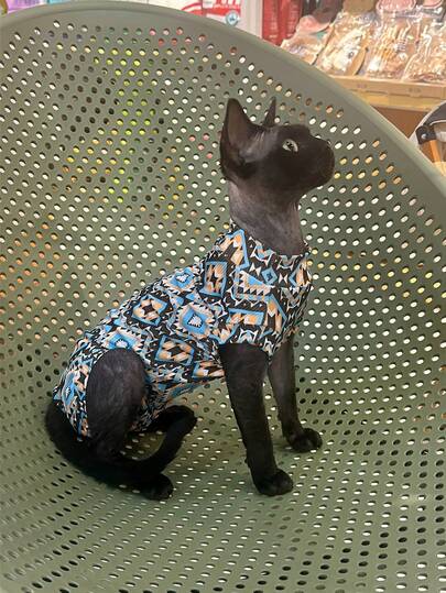 Hairless Cat Print Vest, Curly-Haired Cat Belly Warmer, Breathable Stretchy Pet Clothes, Bohemian
