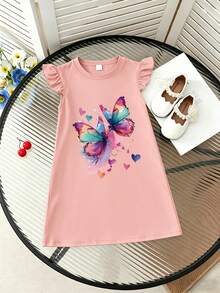 1pc Girls' Casual Butterfly Print Dress, Stylish Dress For Teens - Pink - View 1