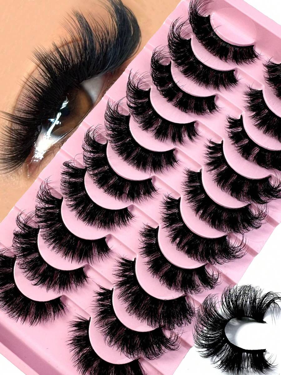 New 10pairs Natural Thick And Fluffy False Eyelashes, Creating Charming Messy Mink Eyelashes, Slender And Reusable, 8D Thick And Long-Lasting, Creating A Fox Eye Lifting Effect, The Entire False Eyelash Can Lengthen And Thicken The End Of The Eye, It Is A Beauty Makeup Gift For Women And Girls - Black - View 1