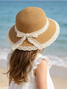 1pc Kids Lace Bow Floppy Sun Hat, Collapsible Wide Brim Beach Hat For Girls, Summer Holiday - 1PC - View 2