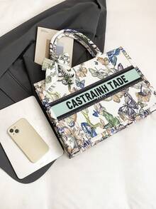 This Butterfly Print Canvas Tote Bag Is A Multi-Functional, Casual, And Fashionable Handbag For Women. It Comes With A Scarf Decoration And Is Available In Different Sizes. It Is Very Suitable For Shopping, Going To Work, School, Or Short-Distance Travel. - White - View 11