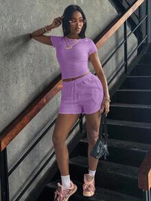 Conjunto de camiseta de manga corta y pantalones cortos de unicolor para mujer con estilo - Púrpura malva - Ver 4
