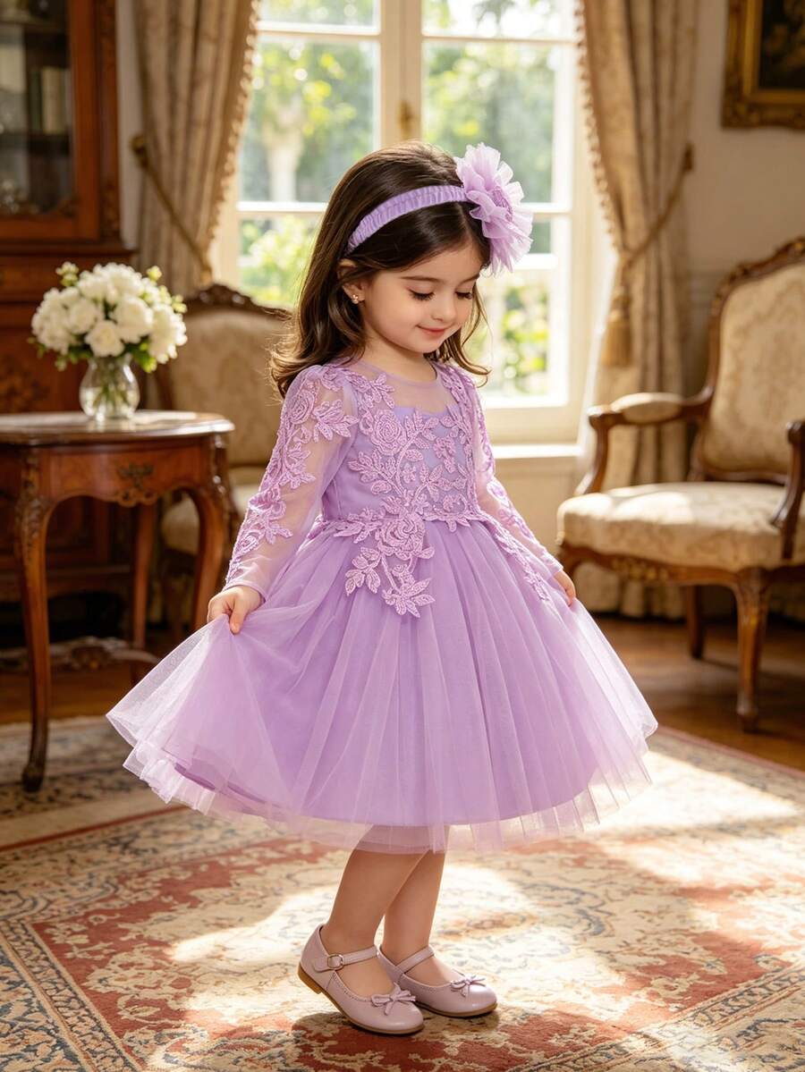 Baby Girls' Pink Long Sleeve Elegant Tulle Princess Dress, Suitable For Parties