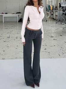 Women's Slimming Low Waist Flared Suit Pants With Drawstring Decor, Low Waist Cut And Draped Flared Leg, Suitable For Commuting, Office Wear Or Spring/Autumn Mature Style - Dark Grey - View 4