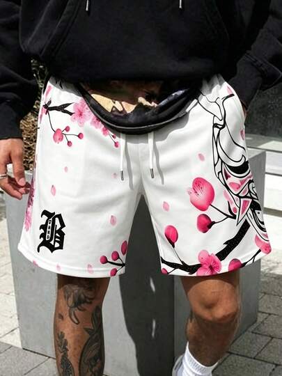  FRACTYR 男士夏季休闲街头风白色底樱花武士印花双面设计宽松抽绳运动短裤，透气美式高街风格长裤