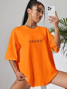 T-Shirt With Funny Phrase, Street Meme, Loose-Filled Sweatshirt - 橘色 - 查看 4