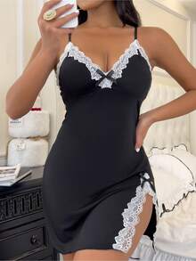 Plus Size Sexy Slip Dress, Home Wear, Comfortable Dress - 黑色 - 查看 4