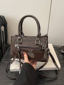 2026 New Solid Color PU Patchwork Zipper Handbag, Minimalist Fashion Outdoor Personalized Small Square Bag, Versatile Shoulder Crossbody Bag With Adjustable Strap - Coffee - View 5