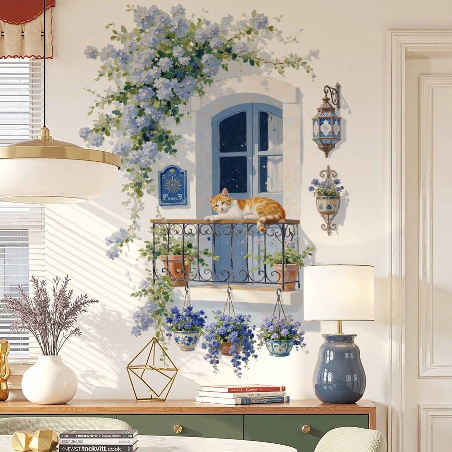 2pcs Removable Fake Window Vine Plant Wall Decor Stickers, Bedroom Wall Decals - 69313-rattan Lamp - View 1