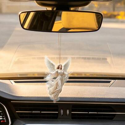 亚克力守护天使后视镜挂饰，优雅白色天使造型车内后视镜配件，通用型，适用于所有车型