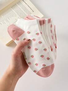 5 Pairs Women's Pink Floral & Diamond Pattern Cute Sailor Socks, Suitable For Home Wear All Seasons - Multicolor - View 3