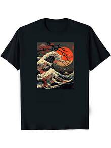 Camiseta gráfica de hombre con la gran ola de Kanagawa y flores de cerezo en estilo retro - Hecha 100% de, esta camisa de arte japonés presenta un llamativo color negro con brillantes patrones de olas rojas y blancas, ideal para aquellos que aprecian la naturaleza y la cultura - Negro - Ver 6