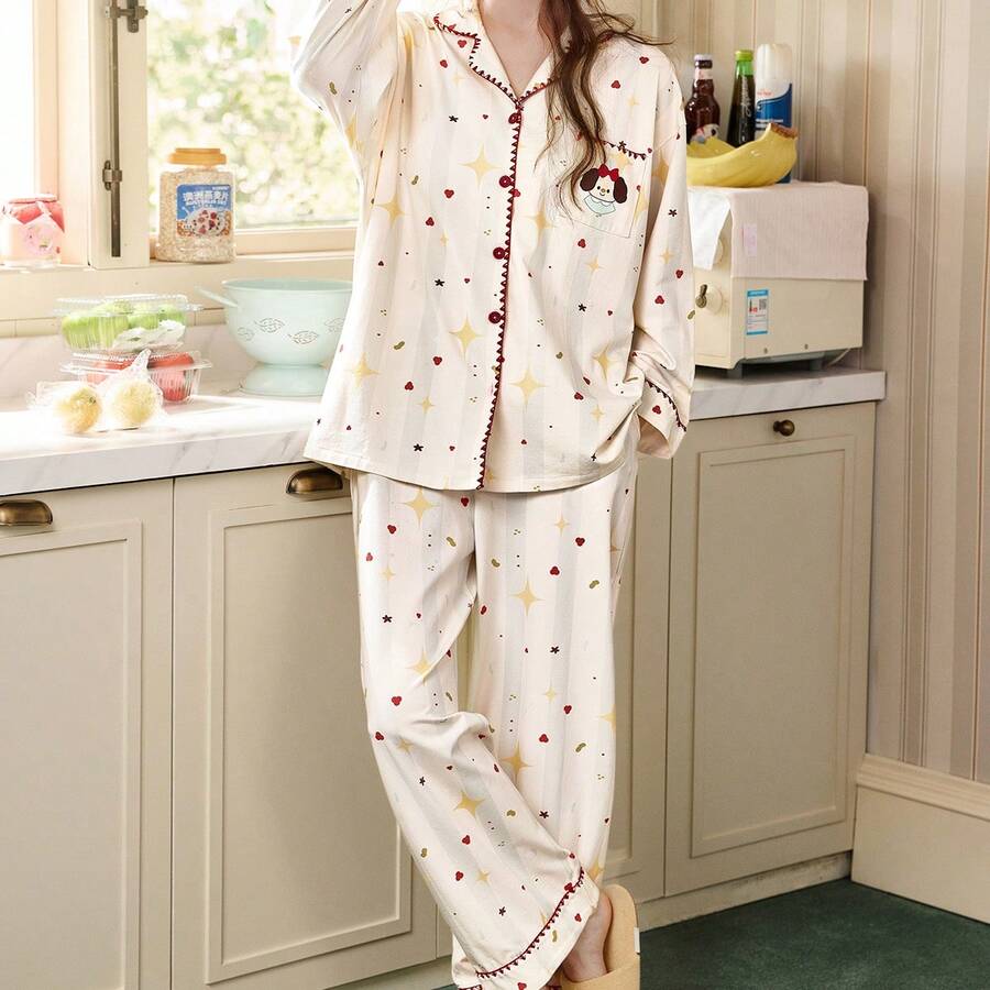 Gongdie Bộ 2 món đồ ngủ dài tay in hình chó hoạt hình dành cho nữ, thích hợp cho mùa xuân và mùa thu, làm từ chất liệu cotton. - Rượu sâm banh - Xem 1