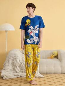Noctvar OBM Sleepwear X LOONEY TUNES Cartoon Rabbit & Tweetie Bird Print Pajama Set, Men's Contrast Color Comfortable Long Sleeve & Long Pants Loungewear - Multicolor - View 2