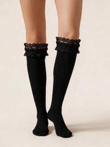 1 đôi tất ren Lolita cao đến đầu gối dành cho nữ, màu đen, kiểu Nhật Bản, dài đến bắp chân, thích hợp cho mùa xuân hè. - Nhiều màu - Xem 3