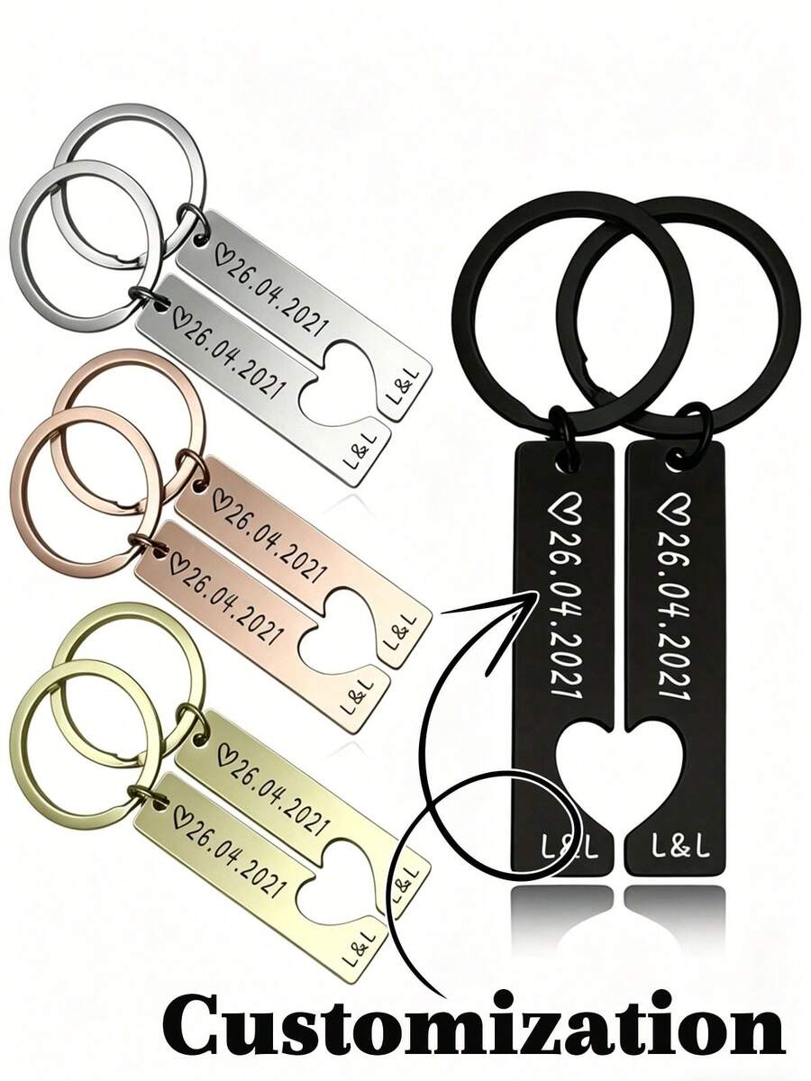 1 par de llaveros personalizados grabados en acero inoxidable, llavero de pareja con estilo personalizado con fecha, aniversario, cumpleaños, regalo del Día del Padre, ideal para el Día del Hombre, Día de la Mujer - Multicolor - Ver 1