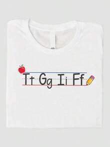 Oversized 100% Cotton Minimalist Letter Print Graphic TeeWomen's 180g Cotton White Crew Neck Short Sleeve T-Shirt With Alphabet Letter Print "Tt Gg Ii Ff", Cute Apple And Pencil Design, Graphic Casual Top For Summer, Comfortable And Stylish Tee For Daily WearWomen's Casual Tee Suitable For Daily Spring And Summer Wear - White - View 1