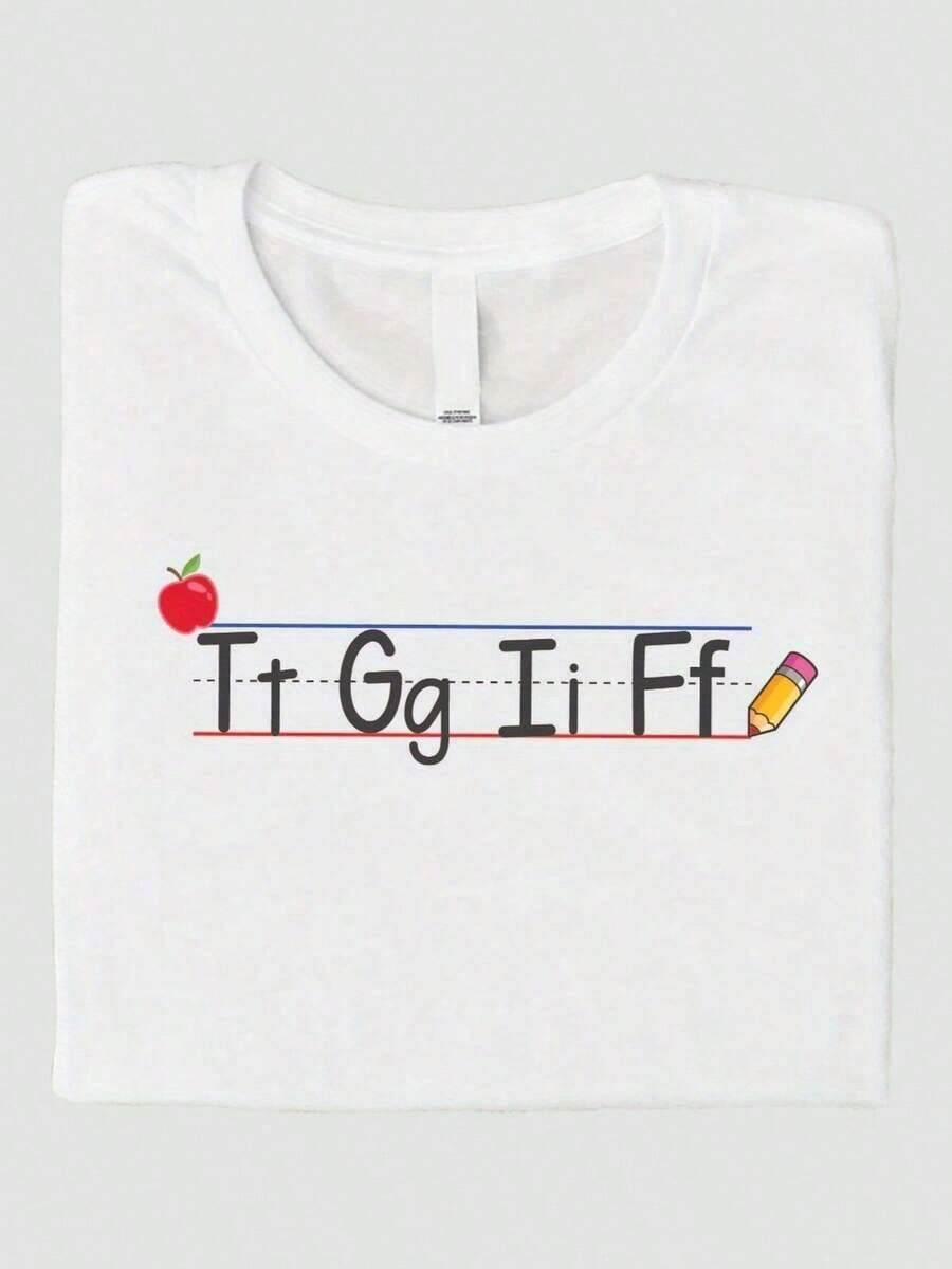 Oversized 100% Cotton Minimalist Letter Print Graphic TeeWomen's 180g Cotton White Crew Neck Short Sleeve T-Shirt With Alphabet Letter Print "Tt Gg Ii Ff", Cute Apple And Pencil Design, Graphic Casual Top For Summer, Comfortable And Stylish Tee For Daily WearWomen's Casual Tee Suitable For Daily Spring And Summer Wear - White - View 1
