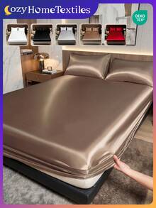 2/3 piezas Juego de ropa de cama de satén, incluye sábana ajustable y funda(s) de almohada, suave y cómodo, ropa de cama para dormitorio, 1 pieza Protector de colchón con 1/2 piezas funda(s) de almohada, ultra suave, ligero y transpirable, lavable a máquina, se ajusta a camas individuales, dobles, queen, king, certificado Oeko-Tex - Camel - Ver 12