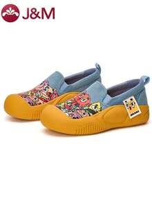 2026新款女士街头风涂鸦帆布一脚蹬厚底运动鞋，可爱卡通印花平底鞋，透气休闲步行鞋 - 藍色 - 查看 3