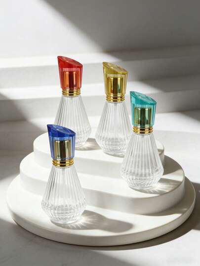 Bộ 4 chai xịt nước hoa dạng phun sương mịn cao cấp 30ml bằng thủy tinh trong suốt có vân, được TSA chấp thuận, kèm nắp acrylic nhiều màu sắc cắt vát và bộ dụng cụ chiết rót 3 trong 1 miễn phí (bơm + ống nhỏ giọt + phễu), hộp đựng mỹ phẩm du lịch chống rò rỉ, bình xịt mini di động dùng cho nước hoa, toner, serum, hydrosol, dung dịch chăm sóc da, vật dụng thiết yếu khi đi máy bay, công tác, nghỉ dưỡng, cắm trại, hoạt động ngoài trời, nhà vệ sinh, quà tặng lý tưởng cho nam nữ trong dịp lễ, sử dụng hàng ngày và làm quà tặng.