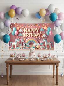 1pc-Unicorn Happy Birthday Banner, Pink Rainbow Birthday Backdrop, Polyester Birthday Party Decorations, Indoor Outdoor No Power Needed Background, Reusable Wall Decor For Room, Garden, Entryway, Photo Booth Supplies For Birthday Party - A - View 5