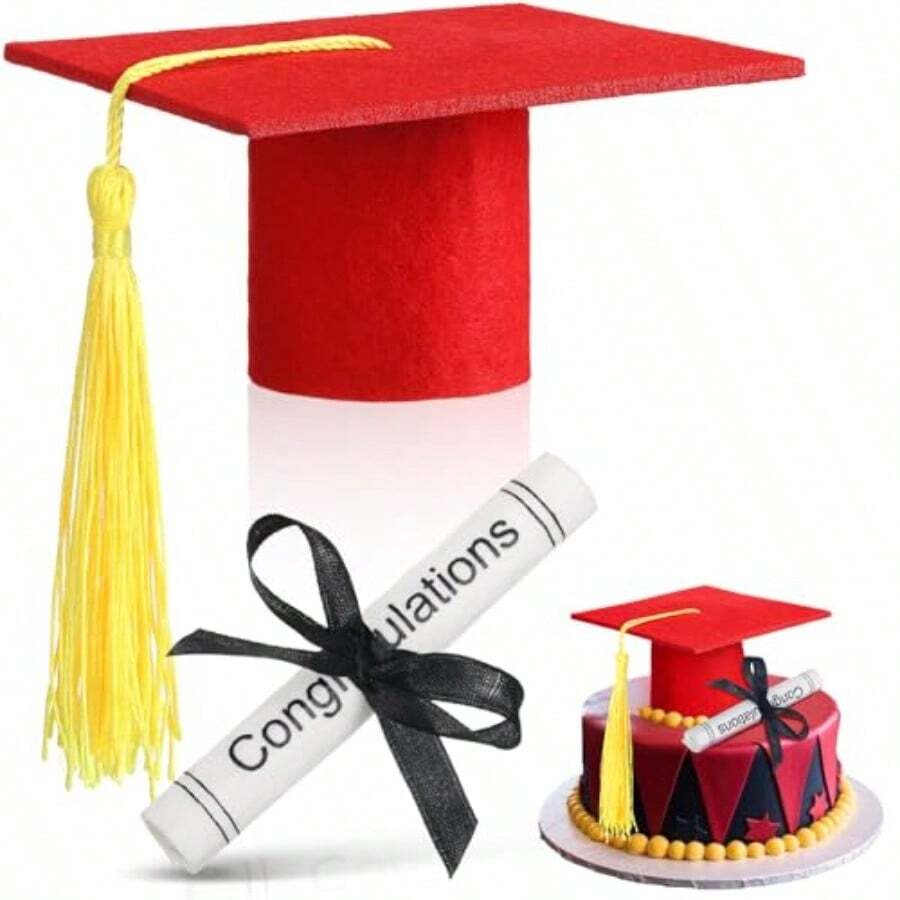 2 Pcs Small Graduation Cap And Diploma Cake Topper 2026 Graduation Party Cake Decorations Supplies Red - Màu đỏ - Xem 1