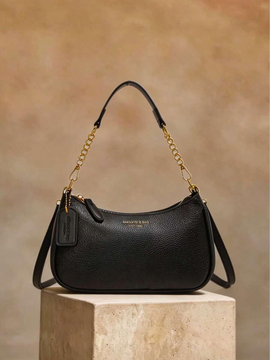 This Fashionable, Classic And Versatile Letter Graphic Design Solid Color PU Waterproof Material Crescent-Shaped Shoulder/Underarm Bag Is Suitable For Shopping And Can Be Worn Crossbody. - Black - View 1