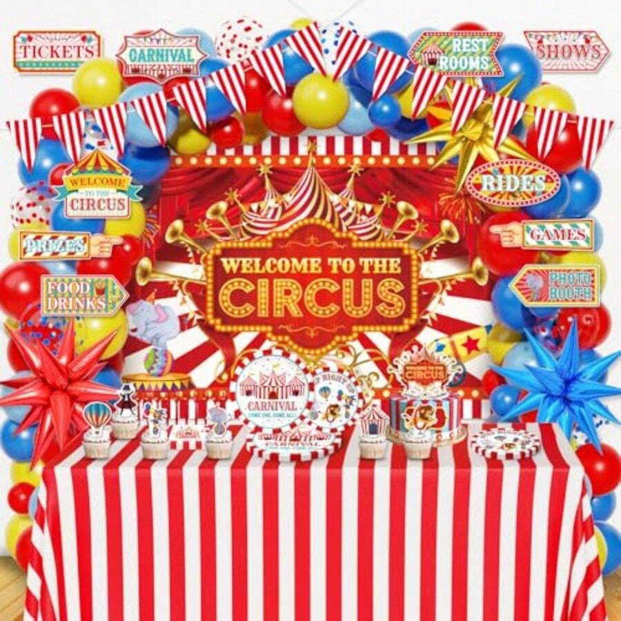 Carnival Circus Party Decorations Balloon Garland Arch Kit Birthday Party Plies Foil Balloons Plates Napkins Set Backdrop Banner Cake Toppers Tablre Tablecloth Directional Party Signs - Đỏ Vàng Xanh lam Xanh đậm - Xem 1