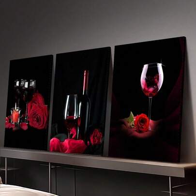 3 piezas de impresión en lienzo, pintura decorativa de copas de vino y rosas, vino tinto, arte de bar, pinturas decorativas de vino, arte moderno de lujo ligero, decoración de pared interior para el hogar