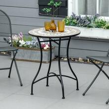 Garden Table, Mosaic Table, Round Bistro Table With Ceramic Mosaic Top In Green, Beige And White, Ø60cm, For Garden, Balcony And Terrace. - Beige + Black - View 2