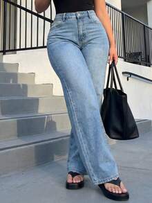 Women's High Waist Classic Denim Pants, Vintage Casual Style - Rửa nhẹ - Xem 1