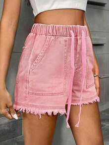 ARWY Solid Color Casual Loose Drawstring Women Denim Shorts, Suitable For Daily, Vacation, Beach, Travel, All Seasons, Back To School, Easter, Halloween, Christmas Summer - Baby Pink - View 3