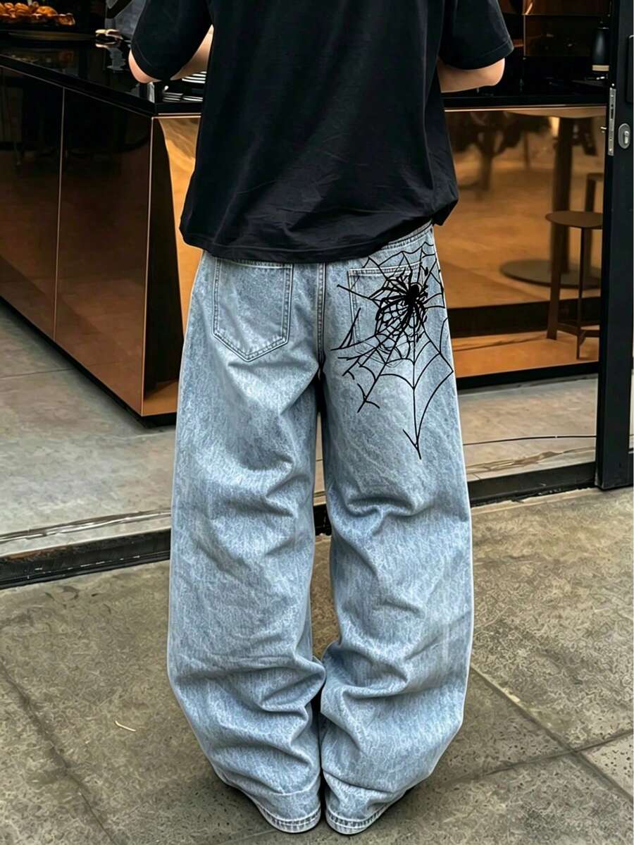 Fashion Streetwear Hip-Hop Spider Web Embroidery Straight Loose Wide Leg Denim Jeans For Men, Back Pocket Embroidery Fake Pocket Design - Blue - View 1