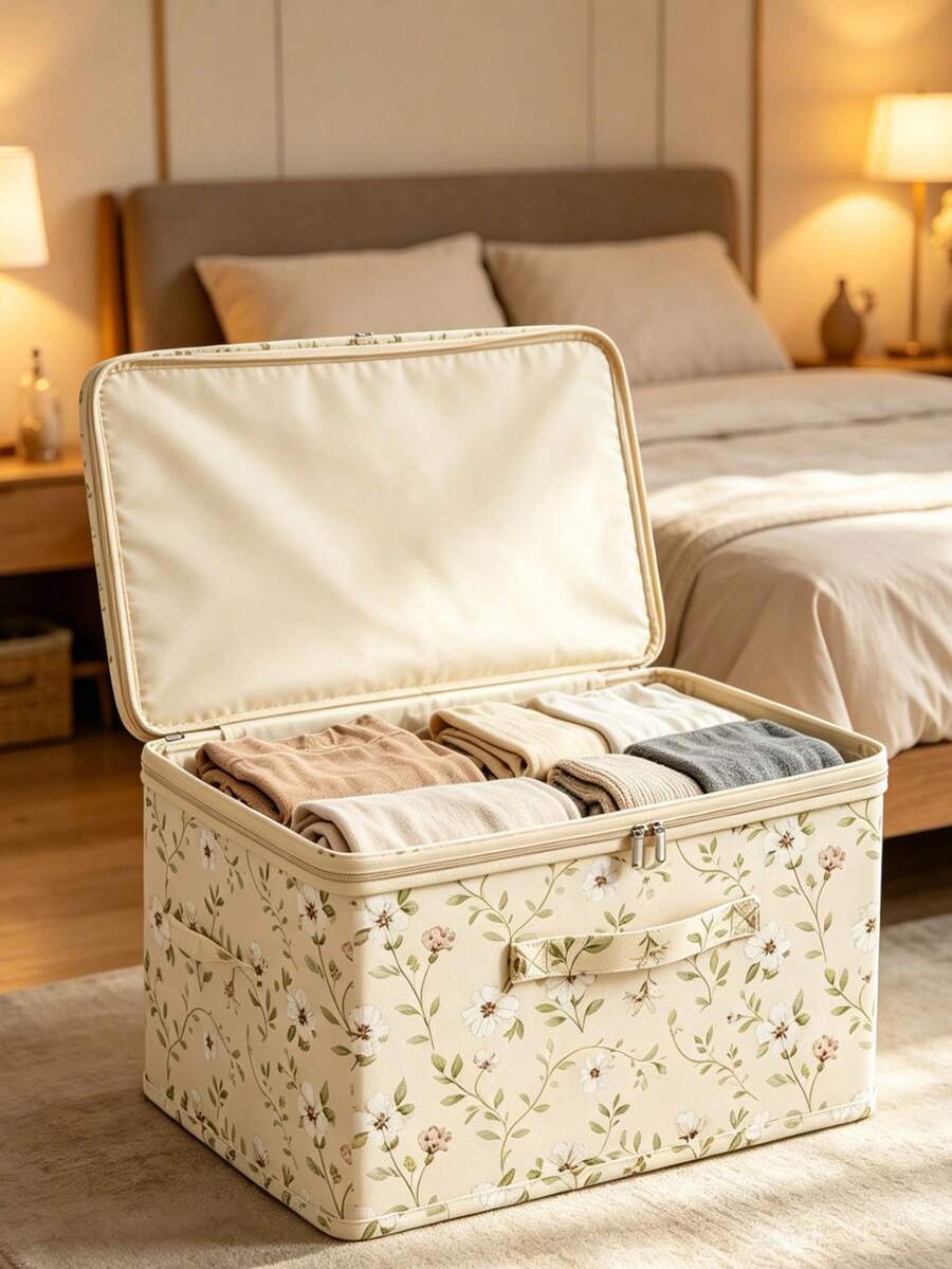 Large Capacity Floral Fabric Storage Box With Lid, Foldable Under Bed Storage Container, Clothes & Bedding Organizer, Dustproof Wardrobe Storage Bin With Handles, Suitable For Dorm & Bedroom