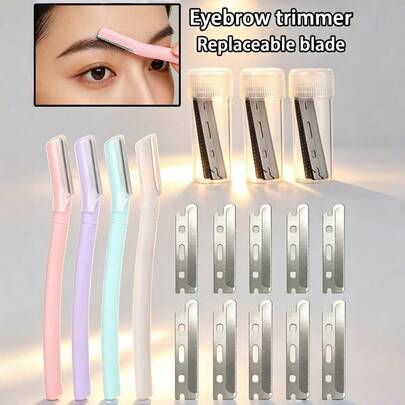 一套修眉工具 + 十个刀片。修眉器。修眉套装，含刀片组，刀头可更换。直柄修眉刀，可更换刀片，近距离安全型修眉工具，初学者套装，修眉刀，修眉刀，脱毛刀