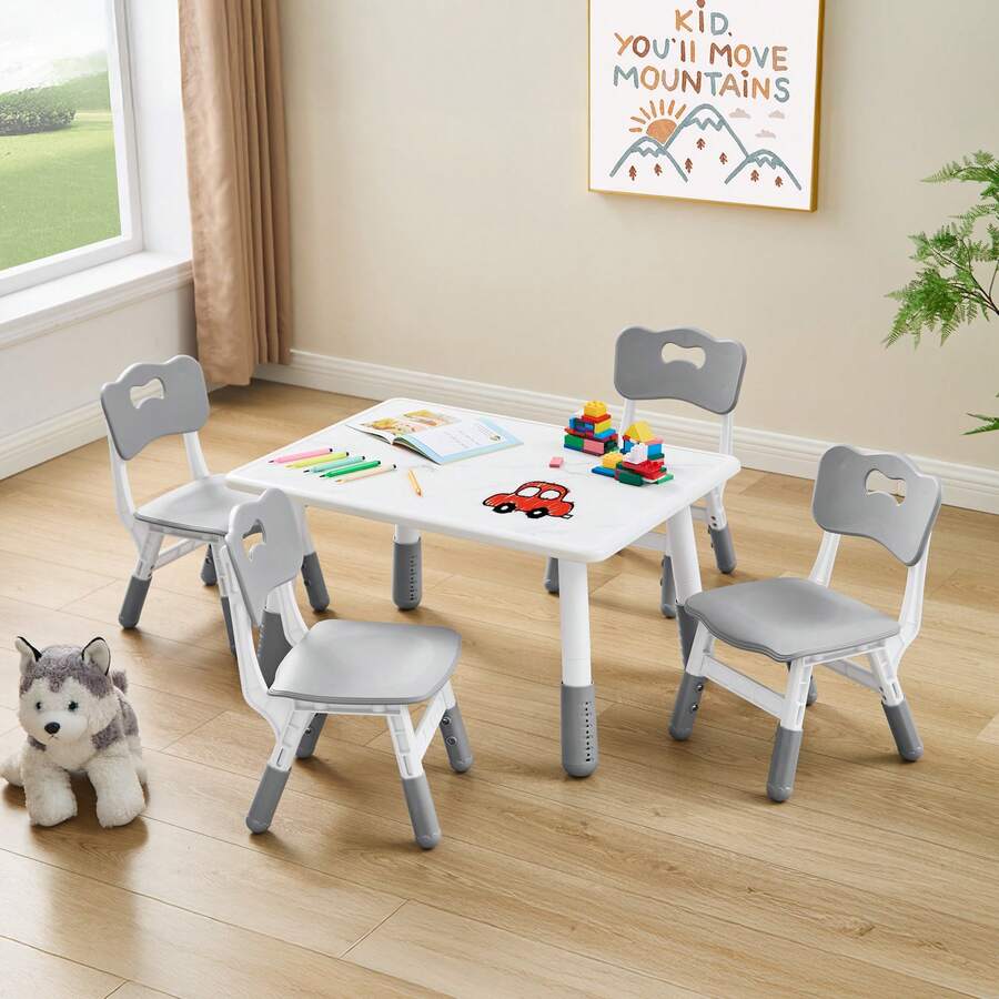 Toddler Table And 4 Chairs Set, Height Adjustable Kids Table And Chair Set, 31.5''L X 23.6''W, Marble Pattern & Graffiti Desktop, Children Multi-Activity Table For Home/Daycare/Classroom - Xám - Xem 1