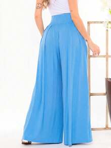 Wide-Leg, Loose-Fitting Palazzo Pants In Viscose/Lycra Knit Fabric With A Wide Waistband And High Waist And Pleats. - Baby Blue - View 3