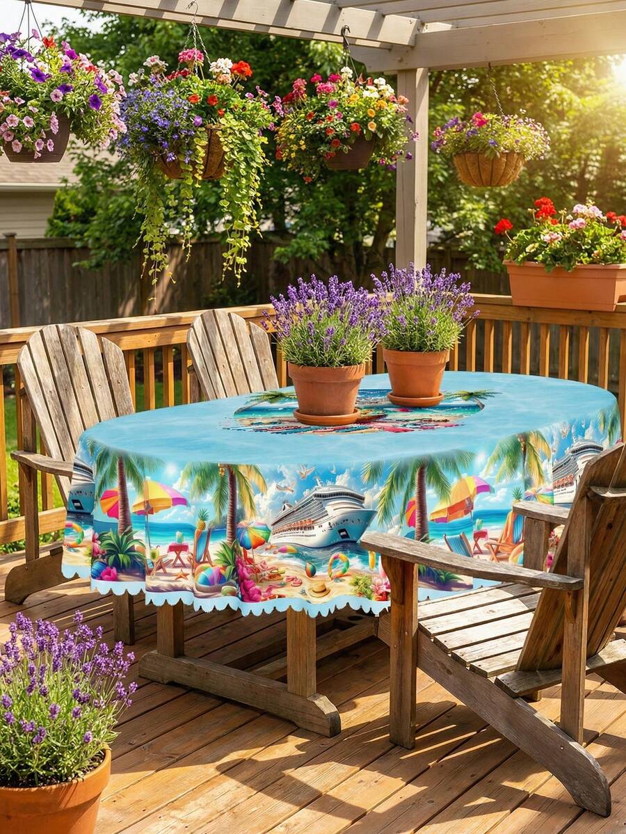 1 件长方形/椭圆形/圆形 60x84/70/60x120 英寸沙滩巡航场景印花桌布，夏季度假热带风格涤纶面料桌布，带蕾丝花边，防水防污防油防皱可水洗可重复使用桌布 - 彩色 - 查看 1