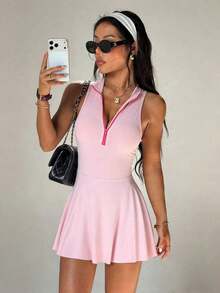 Sovereign Charm Women's Sleeveless Macaroon Pink Sports Dress, Regular Stand Collar, Contrast Color Half-Open Collar, Attached Shorts With Pockets, Suitable For Daily Casual Wear, Fashion Versatile, Running, Yoga, Gym, Tennis, Golf Racerback Tennis Dress Tennis Dress With Built In Shorts Pink Sport Dress Pink Tennis Dress Court Athletic Dress - 粉色 - 查看 5