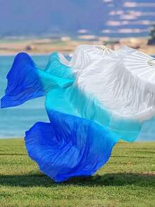 1pc Ombre Color Long Faux Silk Belly Dance Fan, Dance Performance Prop, Gradient Color, Silk Fan Suitable For Dance Practice And Performance, Lightweight And Easy To Use, Suitable For Adult Fitness/Dance Troupe - Multicolor - View 4