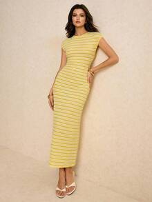 Vestido ajustado de mujer con rayas de moda, de verano - Amarillo - Ver 6