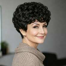 1B、4#棕色、99J酒红色蓬松卷曲短刘海假发，巴西原生发，无需胶水，适合日常佩戴、派对、圣诞节、节日和韩国文化 - 彩色 - 查看 4