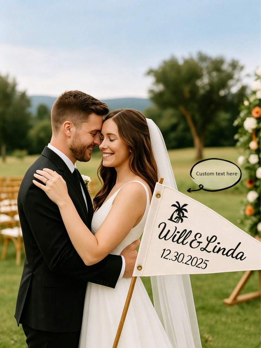 1 pieza Foto de boda personalizada de tela - Banderas triangulares de lienzo personalizadas con letras de espejo dorado - Decoración de boda rústica para ceremonia, recepción y fiesta de compromiso - Blanco - Ver 1