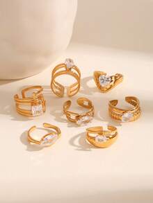 1枚可调节线条设计不锈钢几何戒指，立方氧化锆液态金属风格戒指，2026新款奢华婚礼情侣珠宝礼物，适合女性/女孩，搭配现代简约服饰，增添动感造型 - 金色 - 查看 2