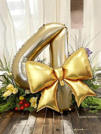 2pcs/Set 40-Inch White Gold Colored Number Balloons And Gold Bow Foil Balloons, 40-Inch White Gold Numbered 0-9 Foil Balloons, Gold Bow Foil Balloons, Suitable For Birthday Party, Wedding, Graduation, Birthday, Baby Shower, Bachelorette Party, Anniversary And Valentine's Day Decoration, Photography Props
