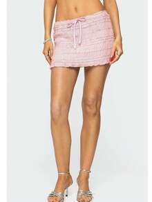 Women's 2 Piece Outfits Smocked Mini Skirt Set Casual Sleeveless Backless Smocked Halter Neck Tie Up Crop Top + Bodycon Short Mini Skirt Set Cocktail Party Beach Dress - F671-粉紅色 - 查看 7