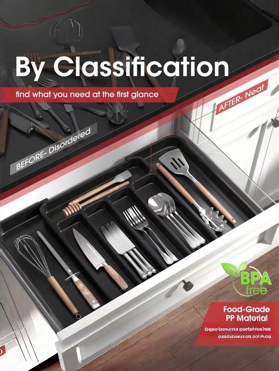 1pc Expandable Kitchen Drawer Cutlery Organizer Box, Adjustable Utensil Storage Tray, Multi-Function Knife Fork Spoon Holder, Black Medium Size