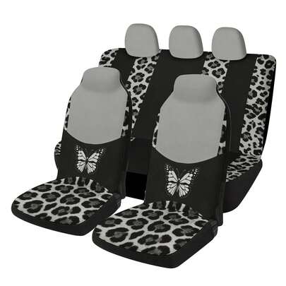 5-Seat Car Fabric Seat Cover Set, Personalized Yellow Leopard Print & Butterfly Patchwork, Universal Scratch-Resistant & Durable All Season Cushion