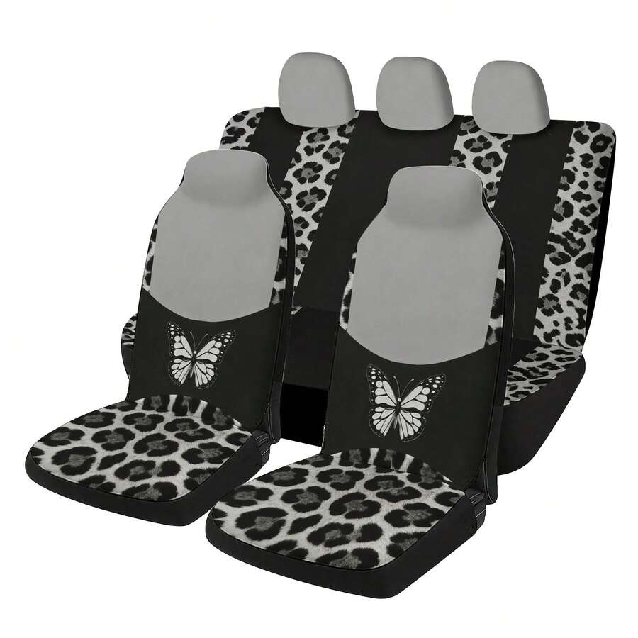 5-Seat Car Fabric Seat Cover Set, Personalized Yellow Leopard Print & Butterfly Patchwork, Universal Scratch-Resistant & Durable All Season Cushion - Five Butterfly Leopard Print Seats - View 1